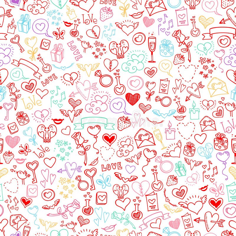 Love and hearts doodles, seamless background