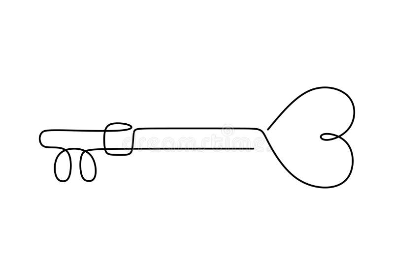 Love key. Continuous line drawing, heart symbol one hand drawn sketch vector illustration. Good for valentine&x27;s day greeting