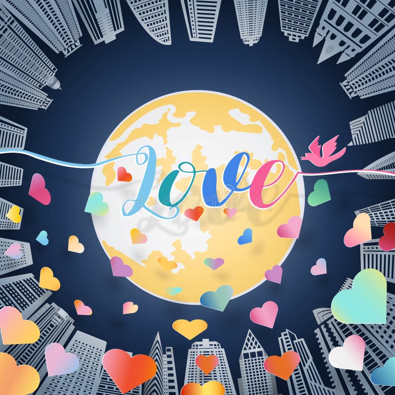 Love letter with bird and scatter of colorful heart with shadow floating over big yellow full moon and high building on blue