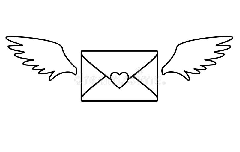 Love letter. Heart-sealed envelope with angel wings. Flying envelope - Valentine. Valentine day letter - vector linear picture for