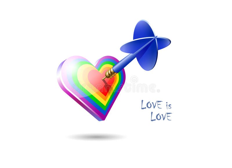 Love is Love. Valentine\'s day greeting card. Realistic blue dart arrow with rainbow heart over white background. vector illustration