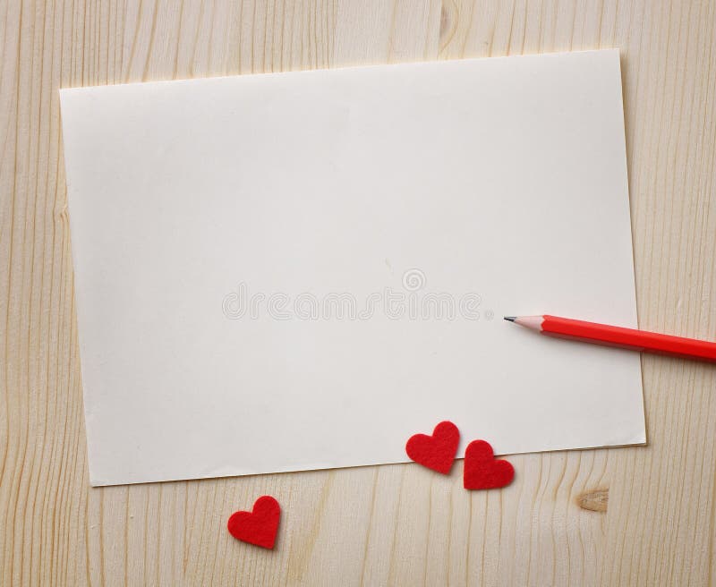 Love notes. Background for design with red hearts and red pencil