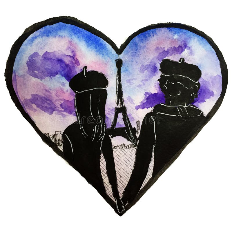 Love in paris waterclor illustration valentines card couple love story