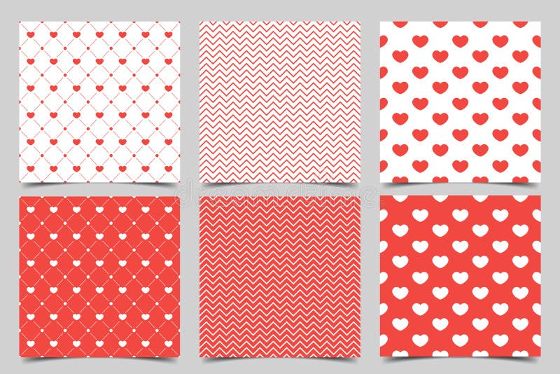 Love pattern. Collection of 6 elegant red seamless patterns on the theme of romance and love. Valentine`s day pattern