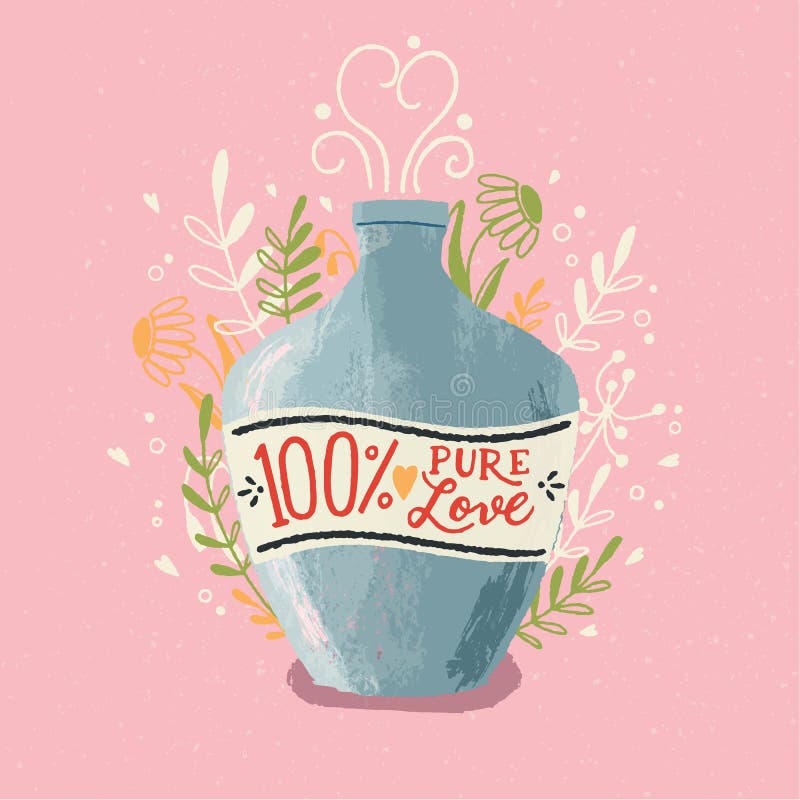 Love potion bottle with hand lettering. Colorful hand drawn illustration for Happy Valentine’s day. Greeting card with foliage