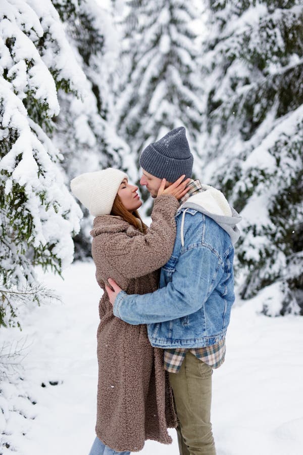Love And Romance Concept Lovely Couple Kissing In Winter Forest Stock Image Image Of