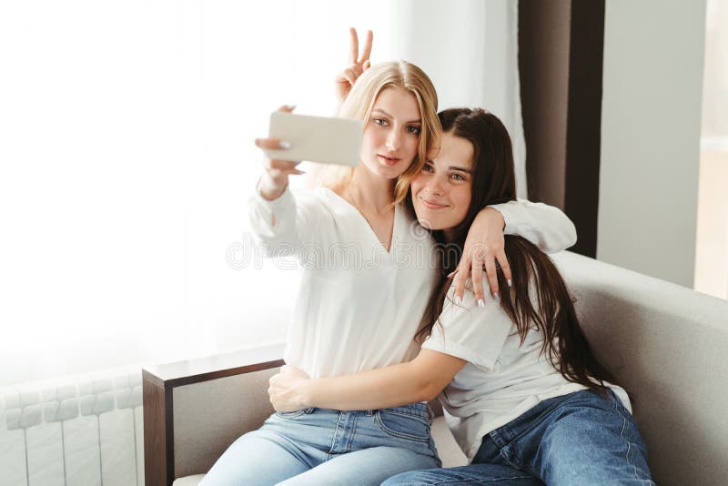 Two Friends Making Selfie Cuddling and Embracing Stock Photo - Image of ...