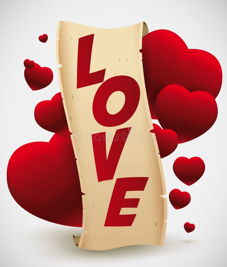 Love Scroll with Hearts Floating, Vector Illustration