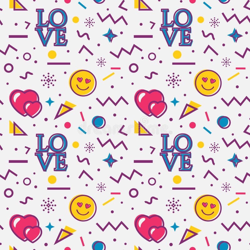 Love seamless pattern in Memphis style. Vector