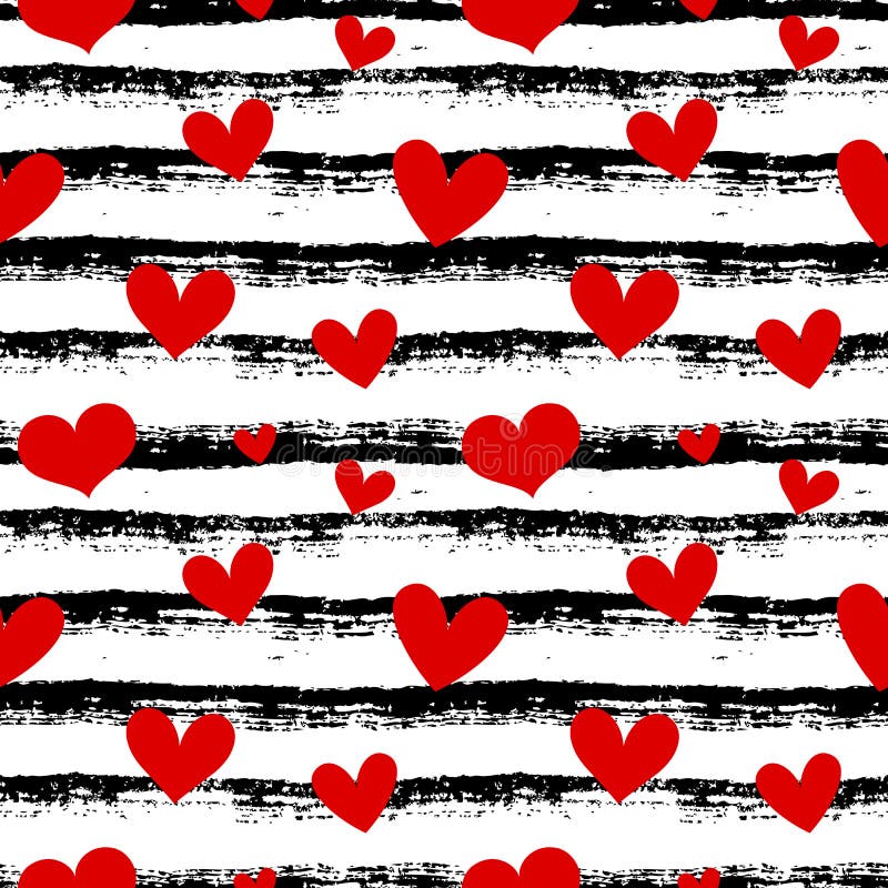 Love seamless pattern with red hearts. Striped background