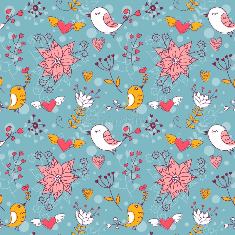 Love seamless texture with flowers and birds