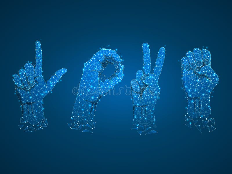 Love Sign language Ok, peace, victory gesture. 3d low poly model of human hand Neon low poly Silent communication Vector vector illustration Love Sign language Ok, peace, victory gesture. 3d low poly model of human hand Neon low poly Silent communication Vector vector illustration