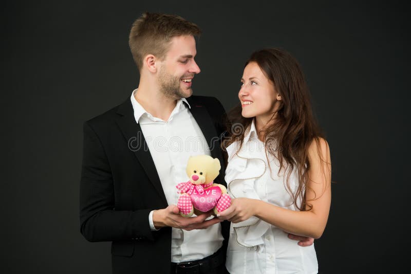 Love Story Couple On Romantic Date Formal Couple With Toy Bear Joint