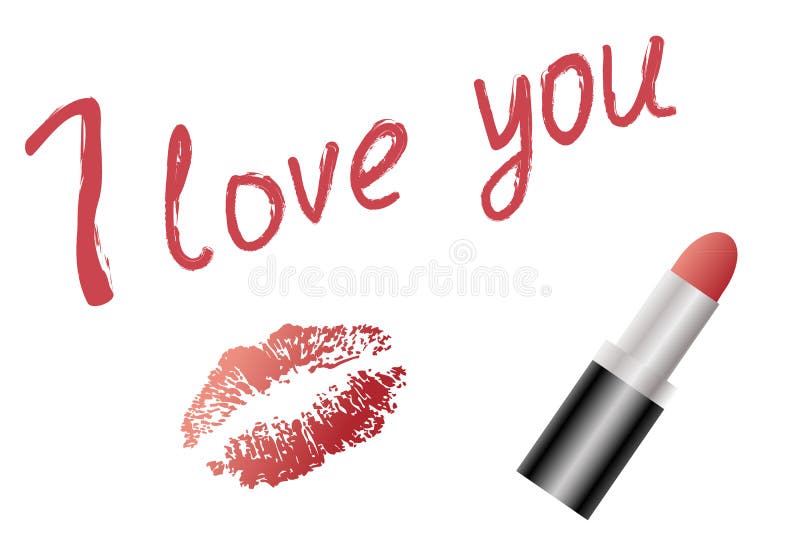 Love Text and Red Lipstick and Lip Imprint Stock Vector Illustration