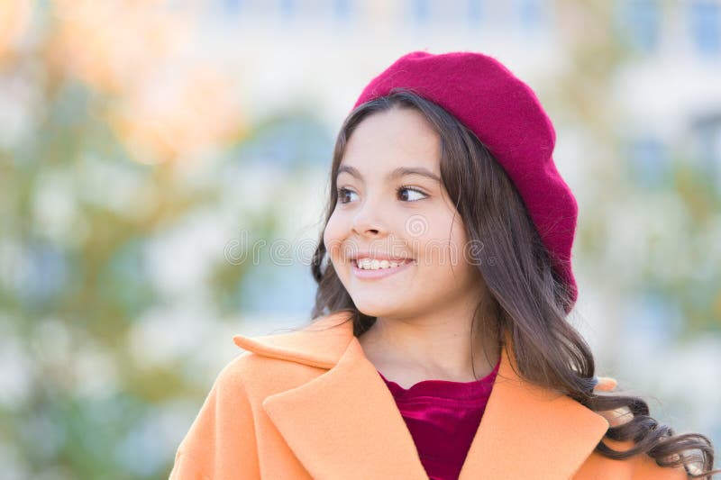 Always Love to be Fashionable. happy parisian girl in beret. french style. autumn fashion. school fall season. little stock images Always Love to be Fashionable. happy parisian girl in beret. french style. autumn fashion. school fall season. little stock images
