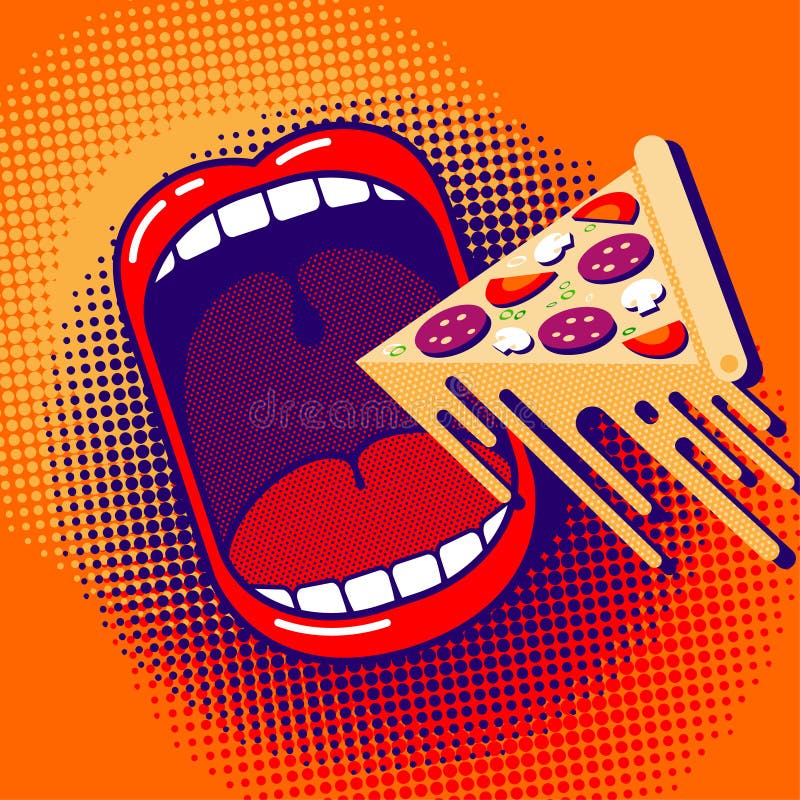 Love to eat pizza! Funny cartoon poster. Large open mouth with piece of pizza with stretchy melted cheese.
