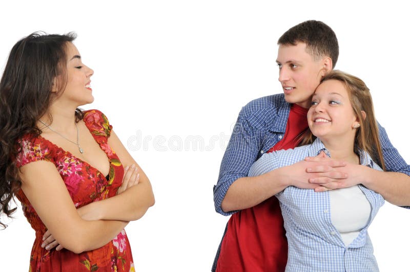 Love triangle between boy and two girls, isolated on white background