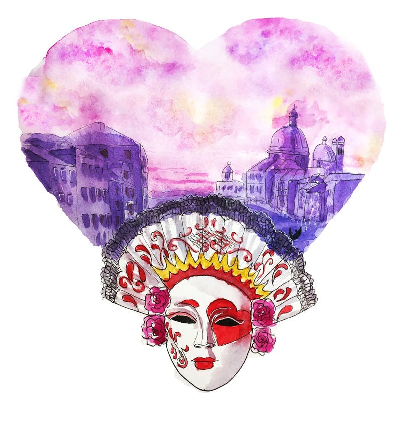 Love in venice waterclor illustration valentines card mask love story