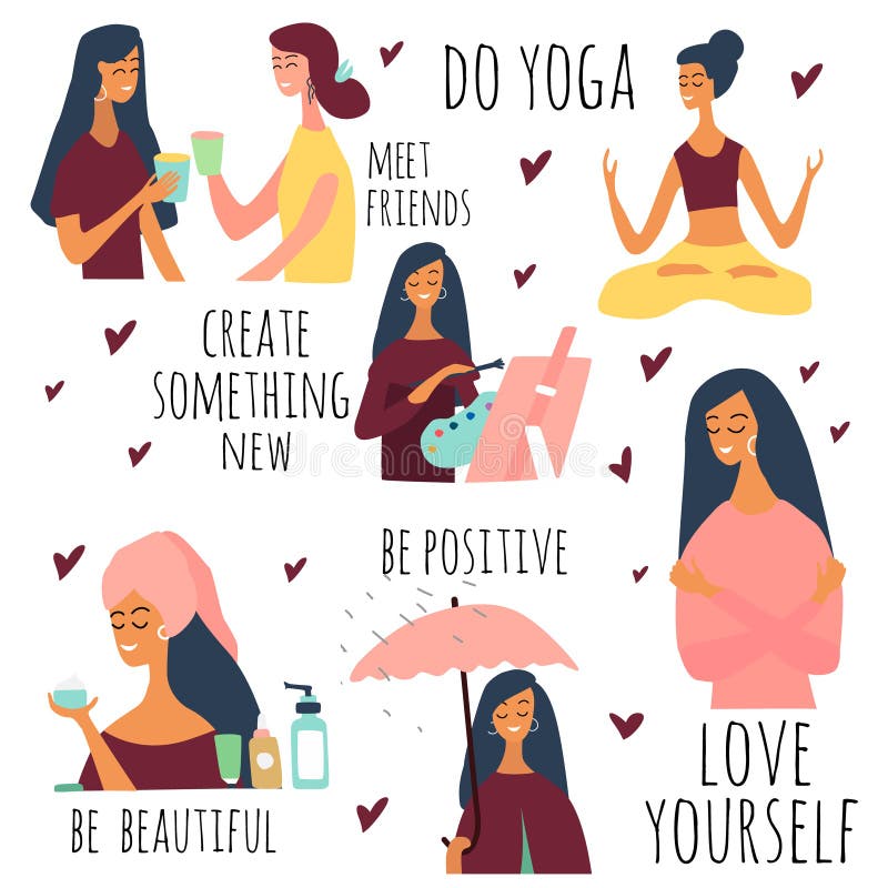 Love yourself vector set. Happy lifestyle poster. Motivation for women to take time for yourself:go to events, create,  positive.