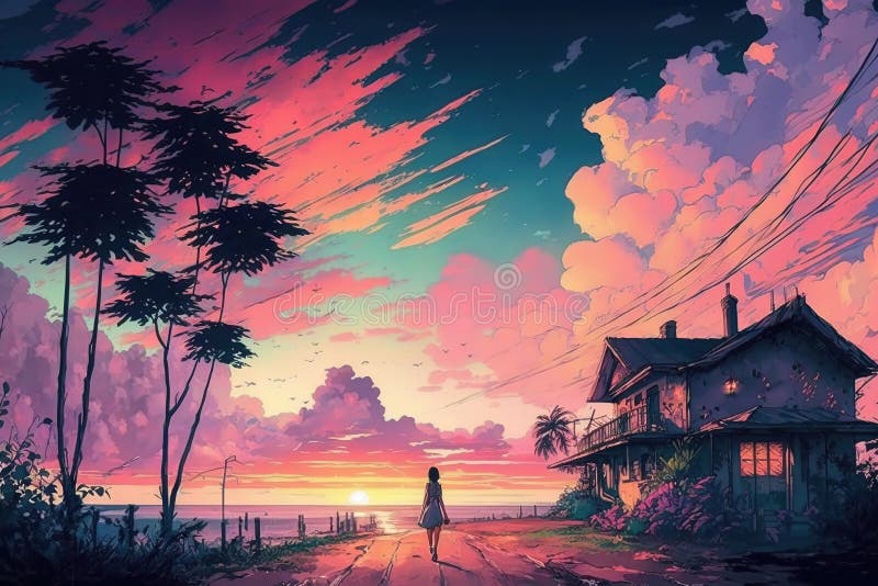 anime girl standing on a road while sunrise Stock Illustration | Adobe Stock