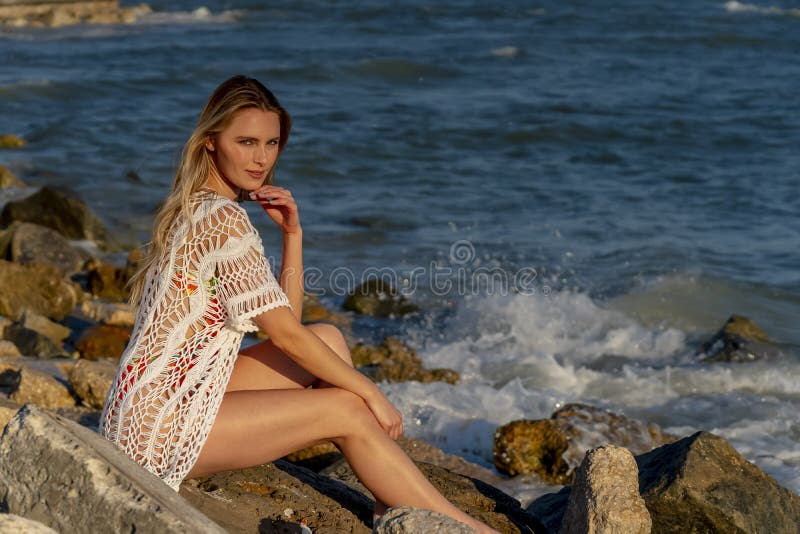 Lovely Blonde Bikini Model Posing Outdoors On A Caribbean Beach Stock Photo Image Of Feminine