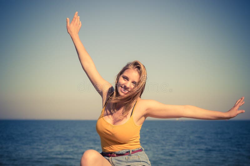 Lovely Blonde Girl Relaxing Outdoor By Seaside Stock Image Image Of Sunlight Summer 72168053