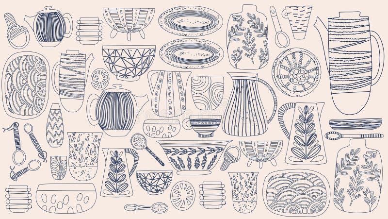 Lovely bright abstract rustic colorful pattern of hand drawn dishes: vase, plates, jug, spoon, dish stock illustration