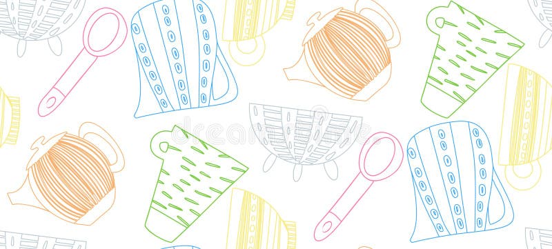 Lovely bright abstract rustic colorful pattern of hand drawn dishes: vase, plates, jug, spoon, dish vector illustration