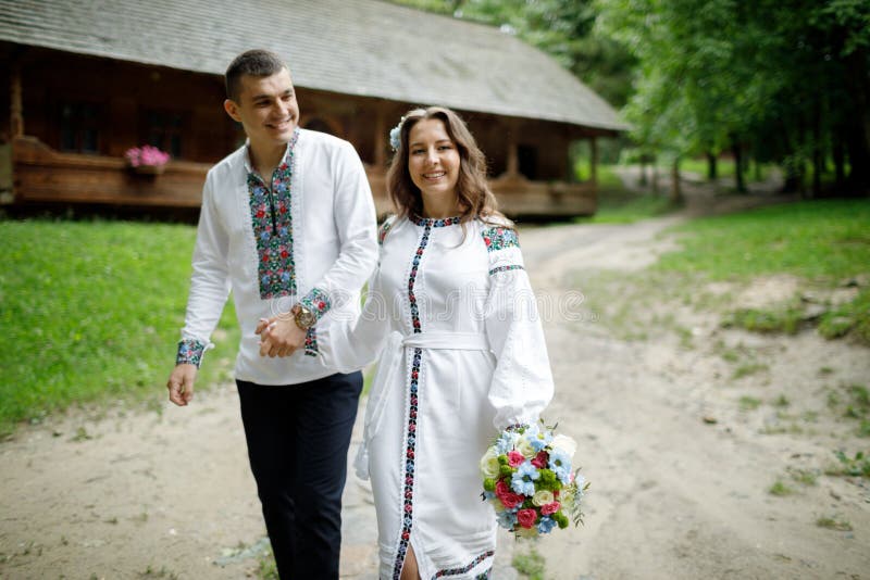 Beautiful Bride and Groom in the Ukrainian Style are Standing W Stock ...