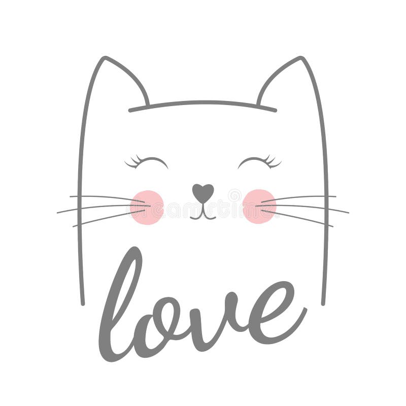 Lovely cute cat face, with text Love isolated object on white background.