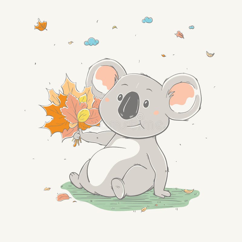 Lovely cute koala sits with a bouquet of yellow leaves. Autumn cartoon animal