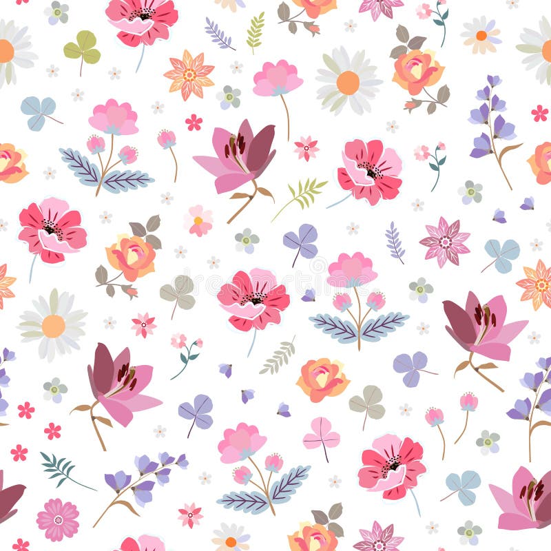 Lovely Ditsy Floral Pattern with Different Beautiful Flowers on White  Background. Seamless Design for Fabric, Wrapping Paper Stock Vector -  Illustration of bloom, design: 175803128