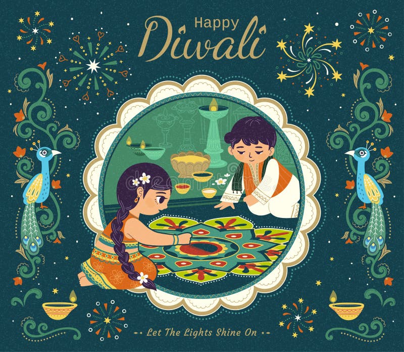 Lovely Diwali illustration with children drawing rangoli scene, suspicious peacock and vine decorative frames on dark green background