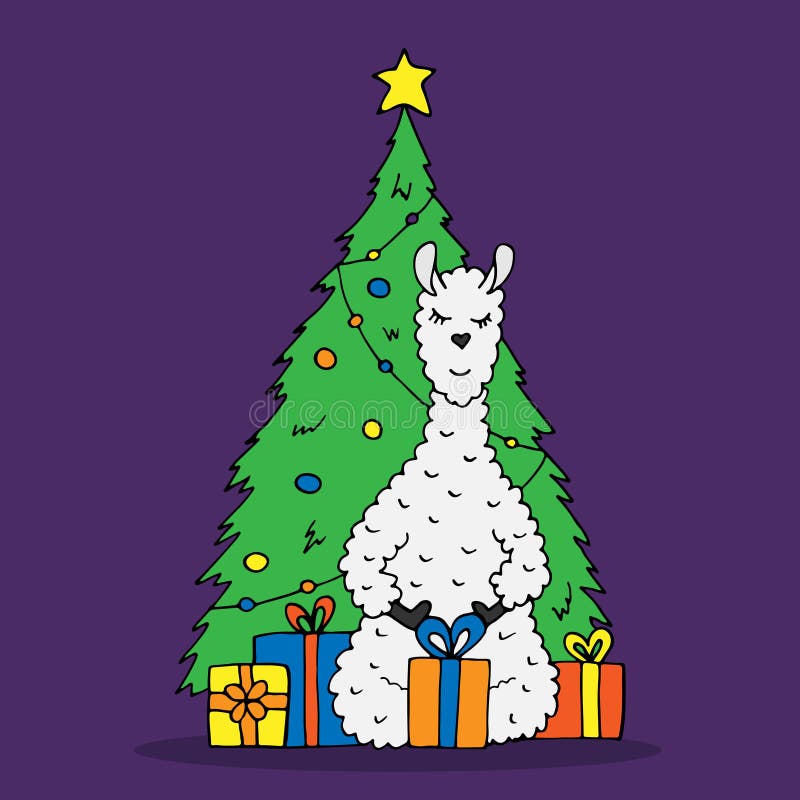 Lovely hand-drawn lama with gifts under the christmas tree vector illustration Lovely hand-drawn lama with gifts under the christmas tree vector illustration