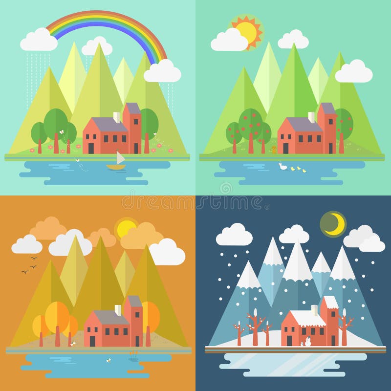 Lovely house scenery four seasons vector illustration