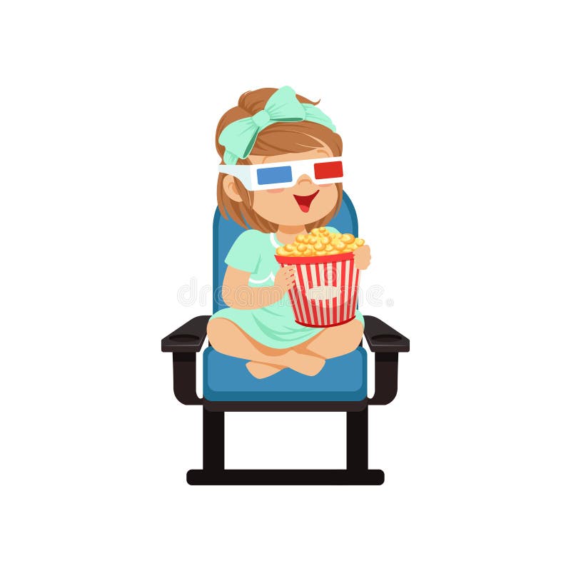 Lovely little girl in 3d glasses sitting on a blue chair, eating popcorn and watching 3D movie in the cinema vector Illustration on a white background