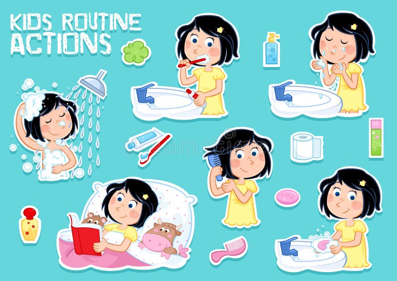 Lovely little girl and hygiene - daily routine - set of six clipart illustrations stock illustration Lovely little girl and hygiene - daily routine - set of six clipart illustrations stock illustration