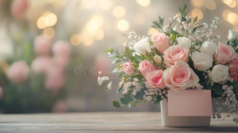 Lovely Pink Roses Bouquet With Blank Note vector illustration