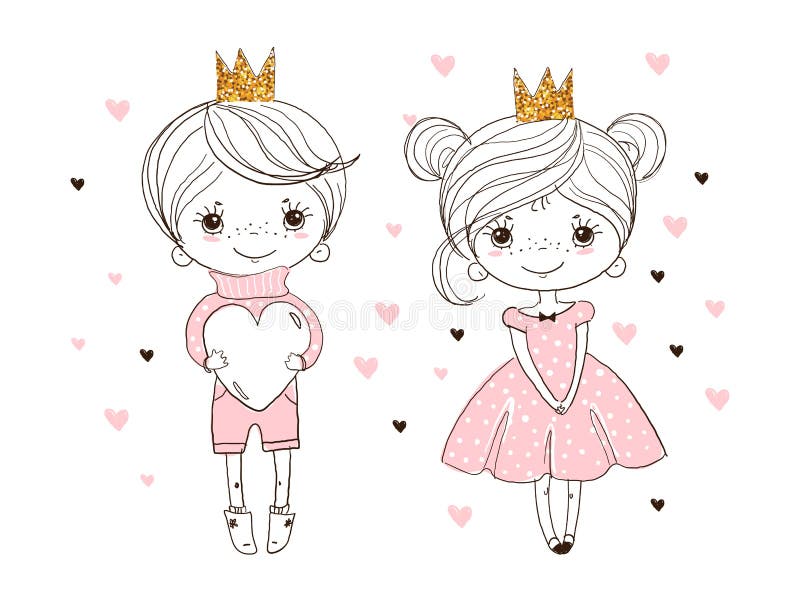 Lovely prince and princess. The boy gives the girl a big heart. Love card, banner for Valentine s day. Doodle vector