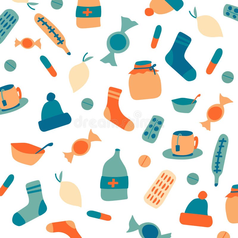Lovely set of cold and flu season items in trendy flat design featuring tissue, hot beverage tea mug, lemon fruit, honey stock photography Lovely set of cold and flu season items in trendy flat design featuring tissue, hot beverage tea mug, lemon fruit, honey stock photography