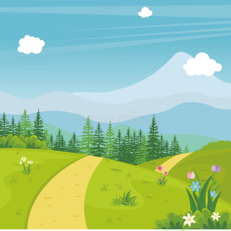 Lovely Spring Landscape Background with Cartoon Style Stock Vector ...