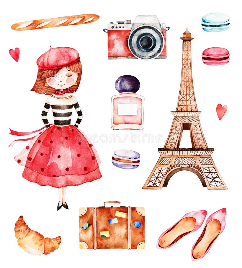 Bella collezione estate con la torre Eiffel, la fotocamera, il cornetto, scarpe, gli amaretti, la baguette, il profumo, la giovane ragazza etc.
