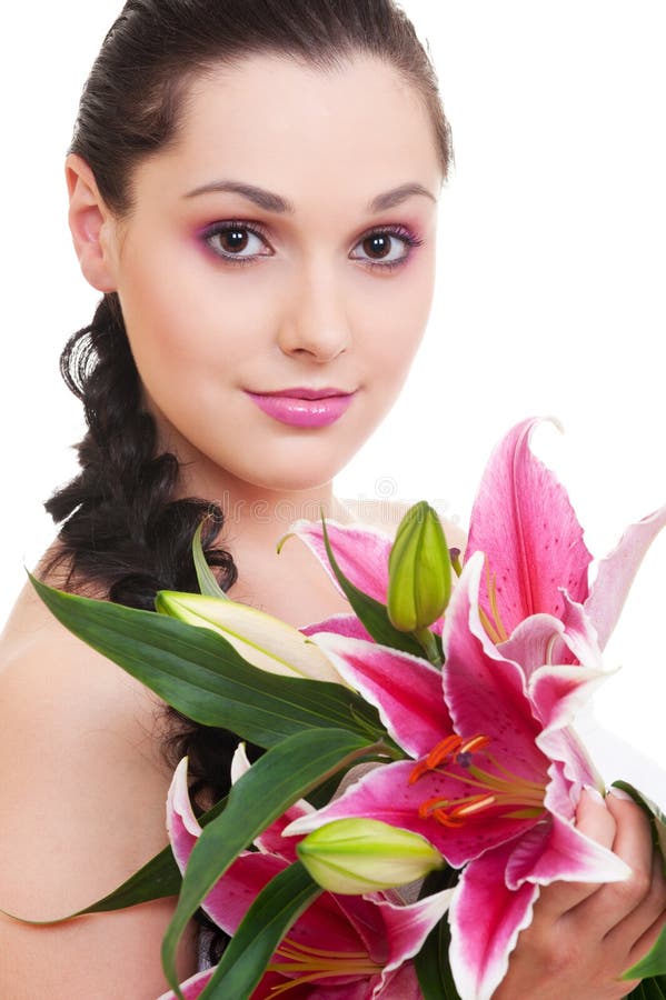 Lovely woman with bunch of flowers