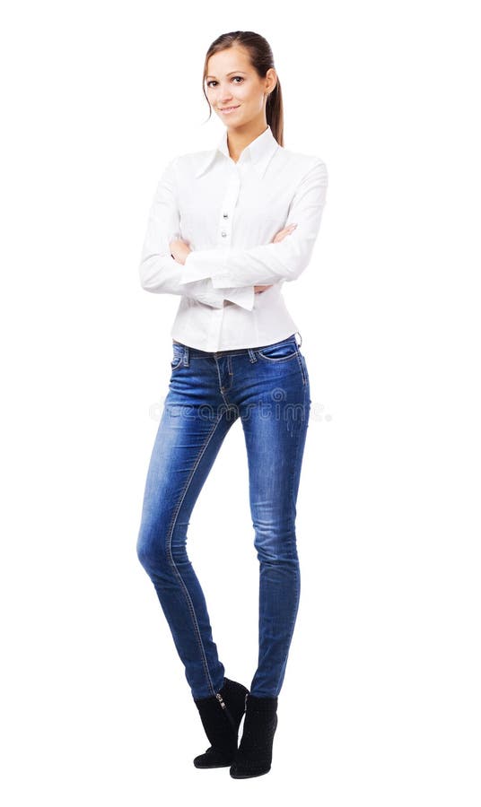 Lovely woman in white shirt and blue jeans