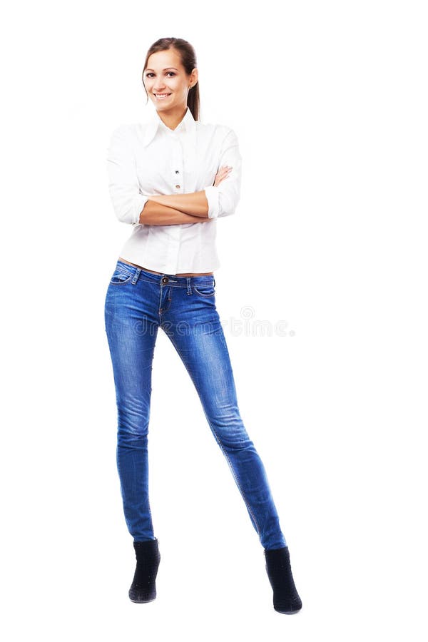 Lovely woman in white shirt and blue jeans