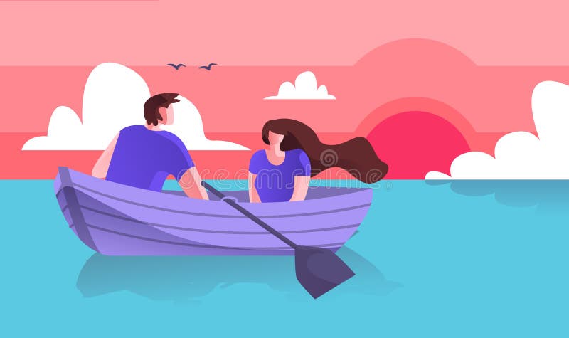 Lovers Guy with Girl Boating on Sea Cartoon Flat. stock illustration Lovers Guy with Girl Boating on Sea Cartoon Flat. stock illustration