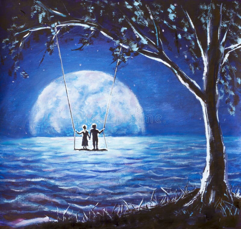 Lovers ride on swing, male man and girl woman against background of big moon. night blue ocean, sea waves, fantasy, romance, love, stock photography Lovers ride on swing, male man and girl woman against background of big moon. night blue ocean, sea waves, fantasy, romance, love, stock photography