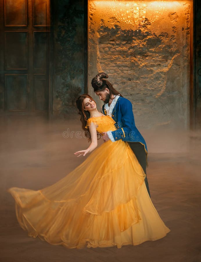 Loving Couple is Dancing at Fairy Ball. Happy Beauty Woman Fantasy Princess  in Yellow Dress and Guy is Enchanted Beast Stock Photo - Image of girl,  fantasy: 216313634