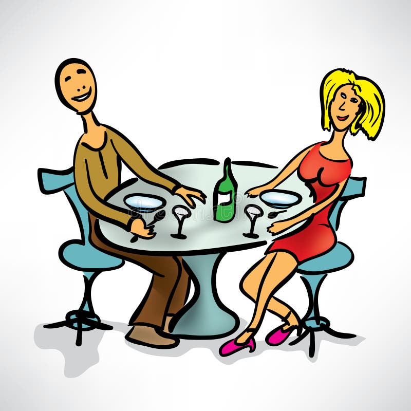 Loving couple on a date in cafe stock illustration.