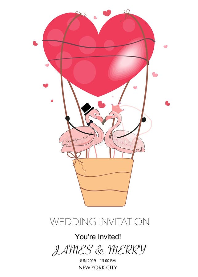 A loving couple of funny flamingos with red hearts air balloon. The concept of love. Wedding invitation. Valentine`s Day.